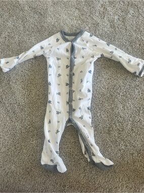 Ralph Lauren White Bear Print Baby One-Piece Footed Pajama with Blue Trim